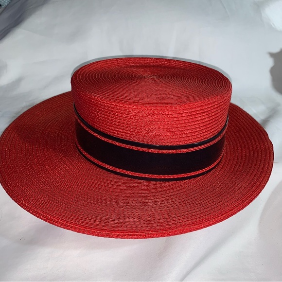 VINTAGE red straw/silk Delia hat SAINT LAURENT PARIS patent leather & silk trim - Picture 4 of 14